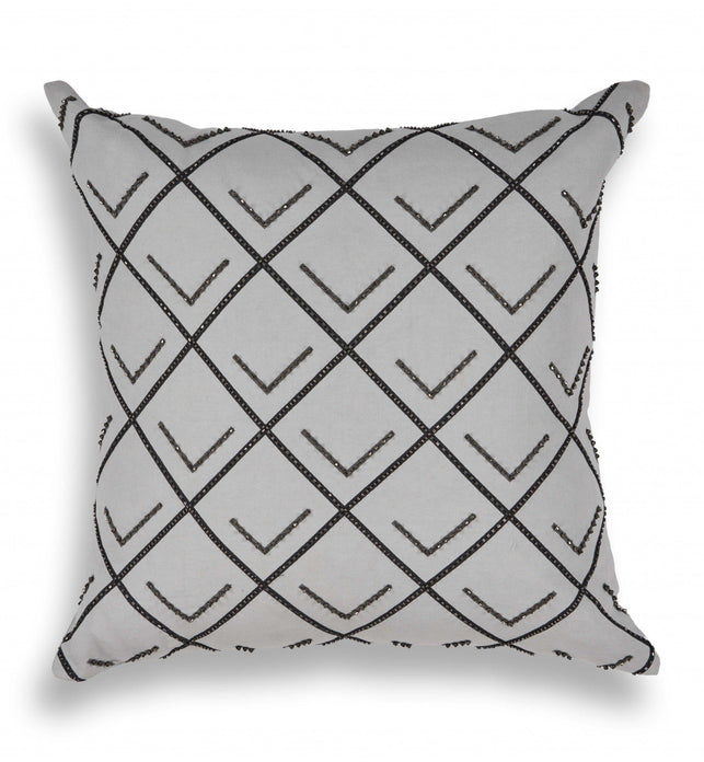 Elegant Square Gray and Black Beaded Accent Pillow